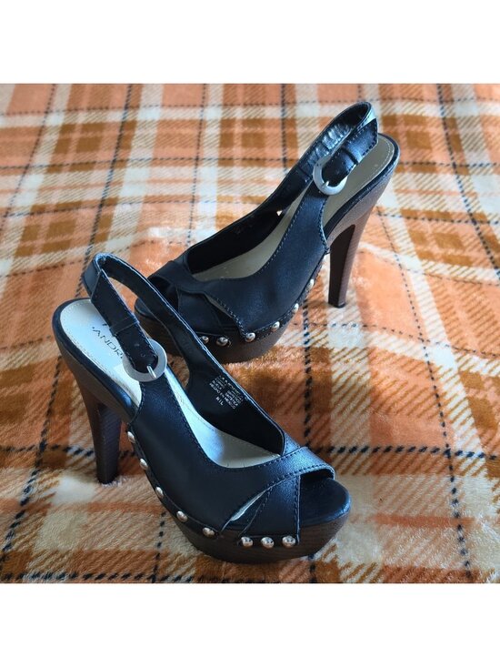Andrea Shoes - Andrea Black Faux Leather Platform Slingback Open Toe Studded Stiletto 6.5 14011